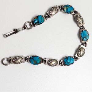 Vintage Navajo Turquoise Nugget and Silver Bar Link Bracelet Fold Over Clasp 70s